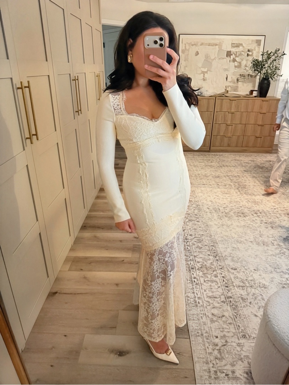 Karen Millen- ivory off white Lace Midi Maxi long sleeve stretchy bandage Dress - Picture 3 of 7